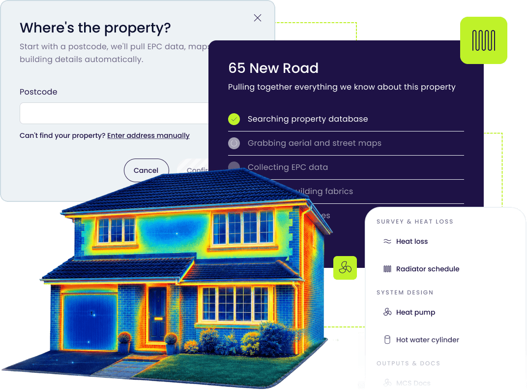 Aireo property workflow showing postcode lookup, property checklist, thermal house data and design navigation.