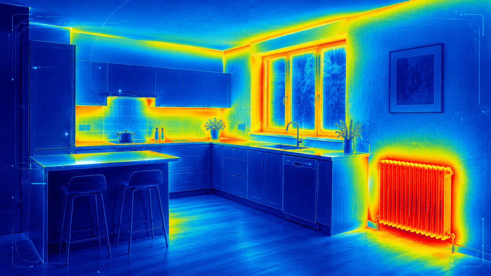 Thermal imaging view of a kitchen showing heat loss across walls, windows and radiators