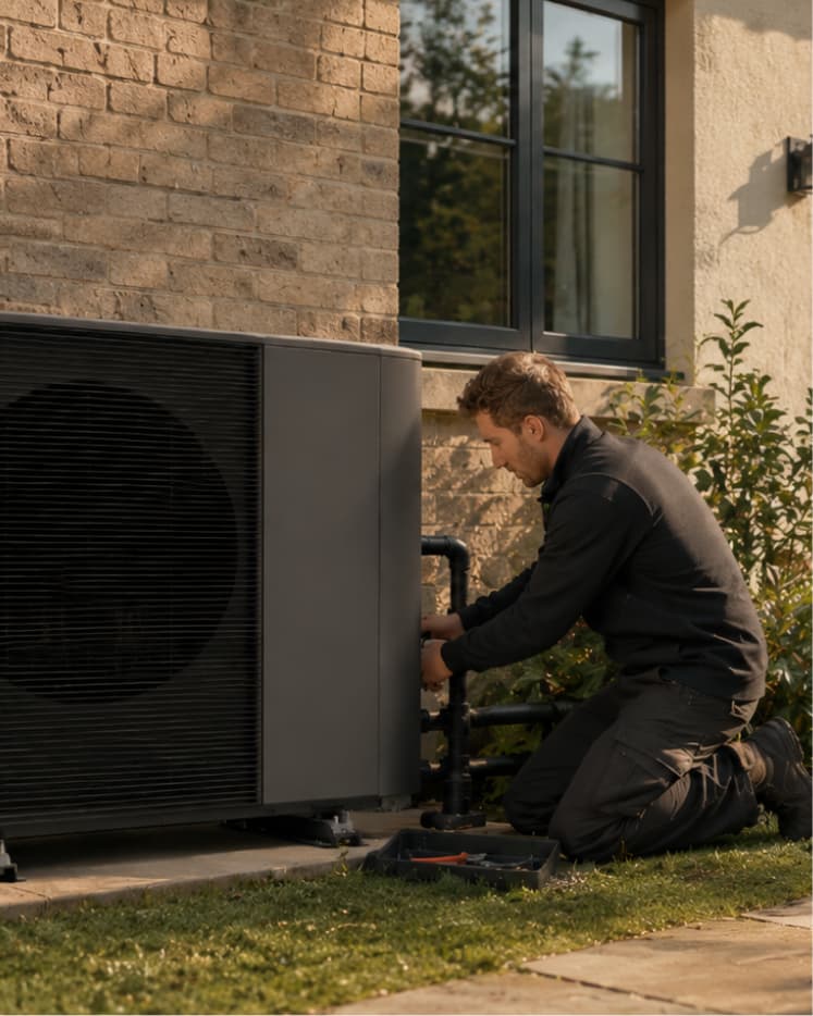 Installer working beside a heat pump
